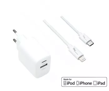 USB C+A Lade-Set 20W, PD, weiß, 1m Lightning/C 20W, 3,6V~5,9V/3A; 6~9V/2A; 9V~12V/1,5A